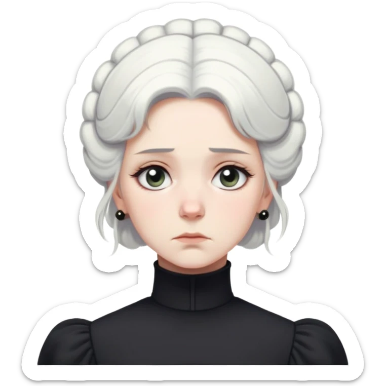 A Victorian woman with simple coiffed white hair and light eyes wearing a simple monochrome black turtleneck mourning dress with puffed sleeves looking down with a forlorn, miserable expression sticker