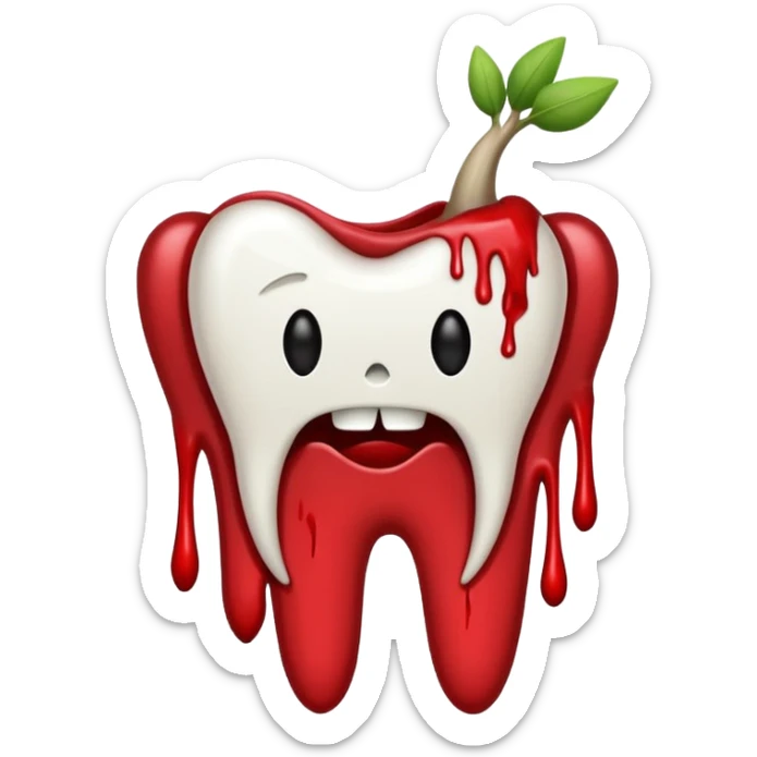 Minimalist emoji-style sticker of a pulled tooth with roots and a smear of blood at the base. Black and desaturated red colors. Flat, clean outline on white.
 sticker