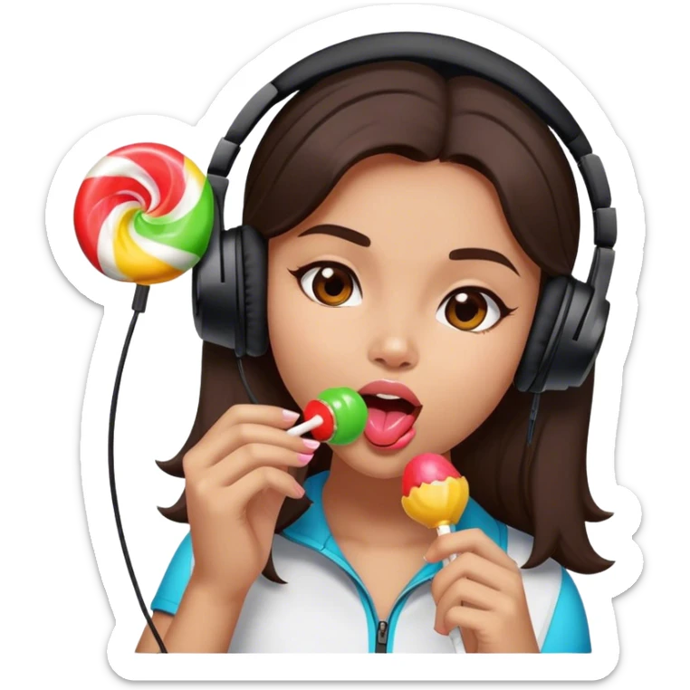 girl with dark brown hair and a black gaming headset. lick a foot shaped lolly sticker