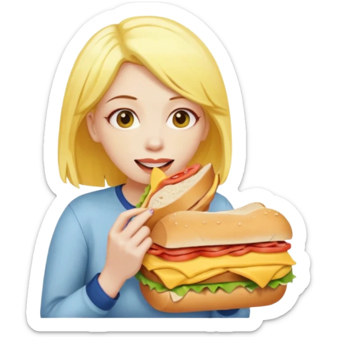 A woman with yellow hair and yellow skin eating a HUGE sandwich sticker