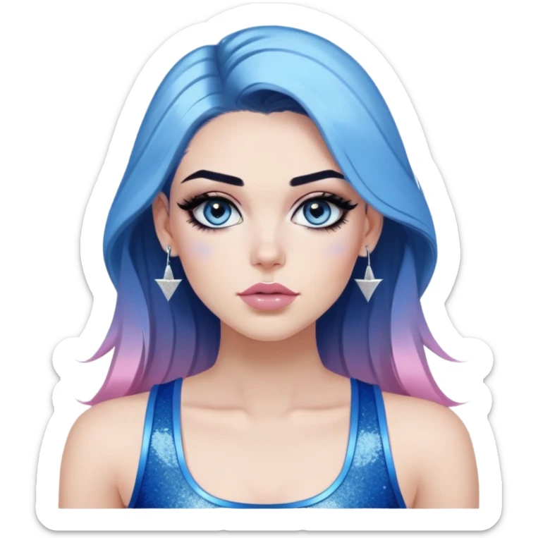 Sultry-very-beautiful-face-light-pink-lips-long-straight-dark-blue-ombre-hair-and-blue-eyes-thick-black-eyeliner-really-thick-long-eye-lashes-sky-blue-superman-tank-top-with-glitter-and-silver-hoop-earrings sticker