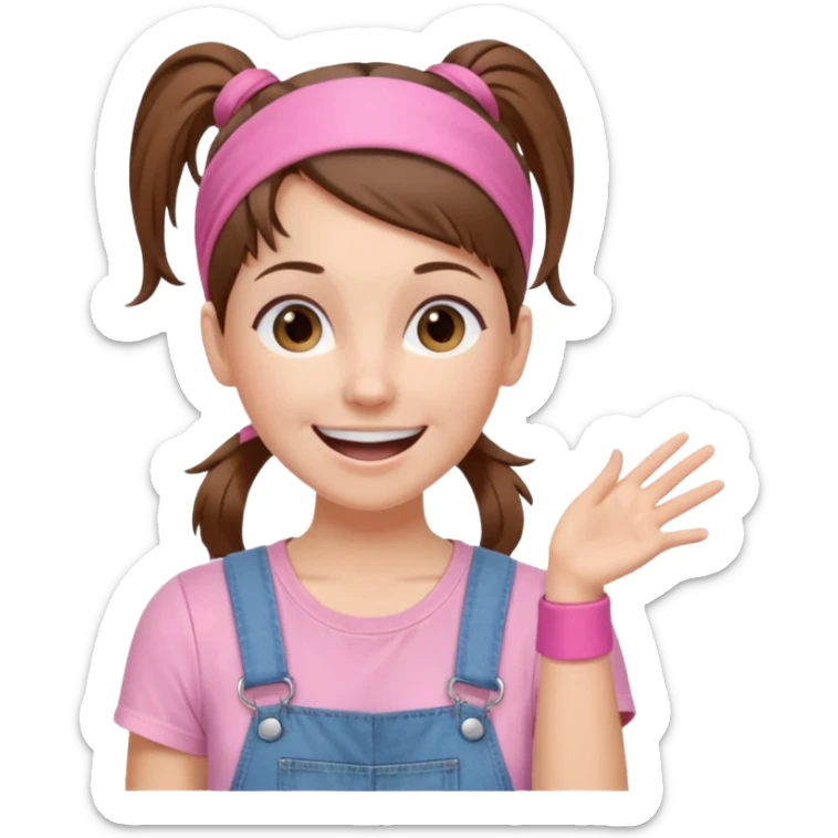 white woman with brown hair  tied together with one elastic pony tail. wearing a light pink thin width headband, Has a pink t-shirt with denim overalls. enthusiastic expression with big smile sticker
