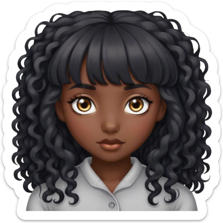 dark skin girl, with grey eyes, long curly black hair with bangs sticker