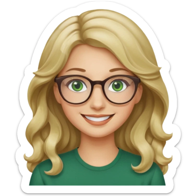 long wavy darker blonde hair woman with green eyes and glasses smiling sticker