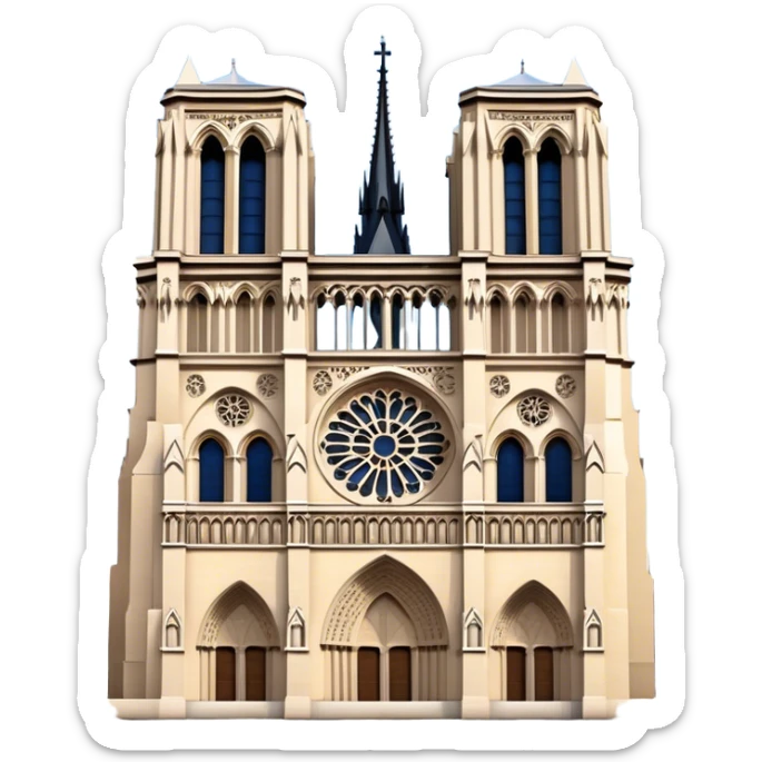 Cinematic Realistic Notre-Dame Cathedral Landmark Emoji, showcasing the Gothic splendor of the cathedral rendered with detailed stone carvings and majestic, soft lighting. sticker