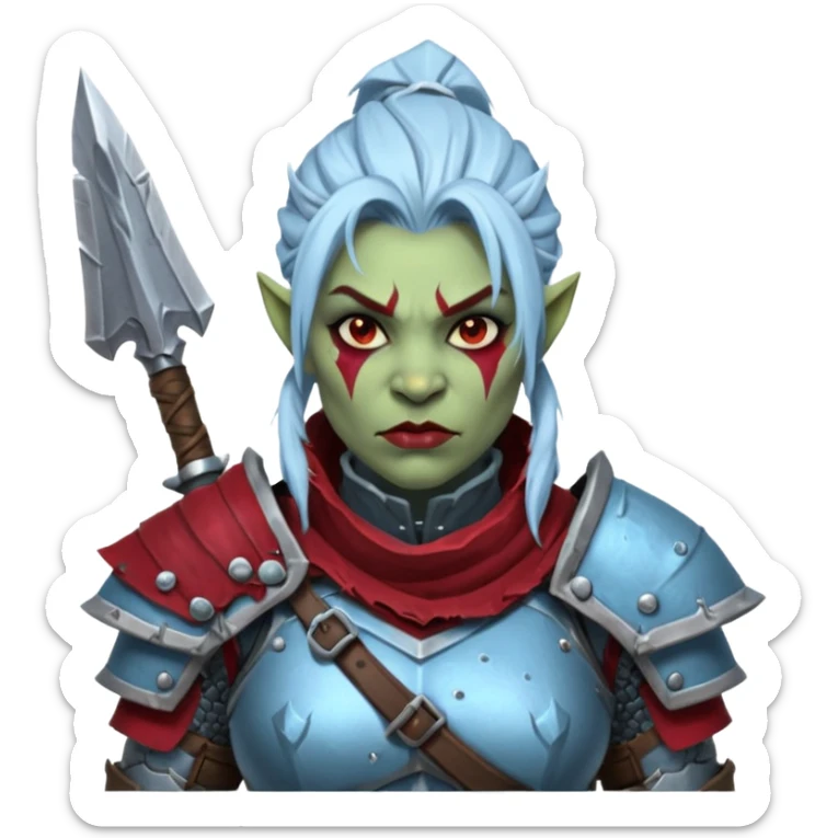 
Fantasy Christmas orc legion soldier icon, iron tundra army theme, heavy winter armor, disciplined brutal look, icy blue steel armor with deep crimson accents, frozen metal texture, cold winter atmosphere, female variant
 sticker