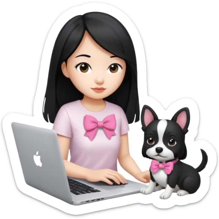 Asian girl long black hair, wearing a white t-shirt, working on an Apple laptop, next to her is a small black and white dog in pink bow sticker