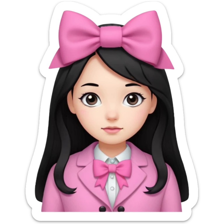 A cute girl, long black hair with 🎀, black eyes, wearing a pink coat and a pink shirt inside  sticker