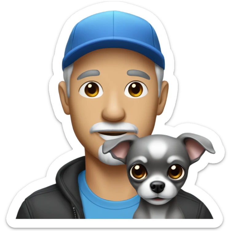 blue eyed man, with grey hair,  and grey goatee, wearing ball cap, holding ‘a black long hair chihuahua’ sticker