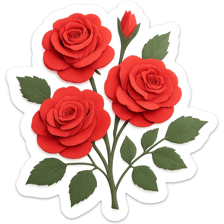 close-up of a rose bush, fine paper edges, clusters of roses, naturalistic leaves sticker