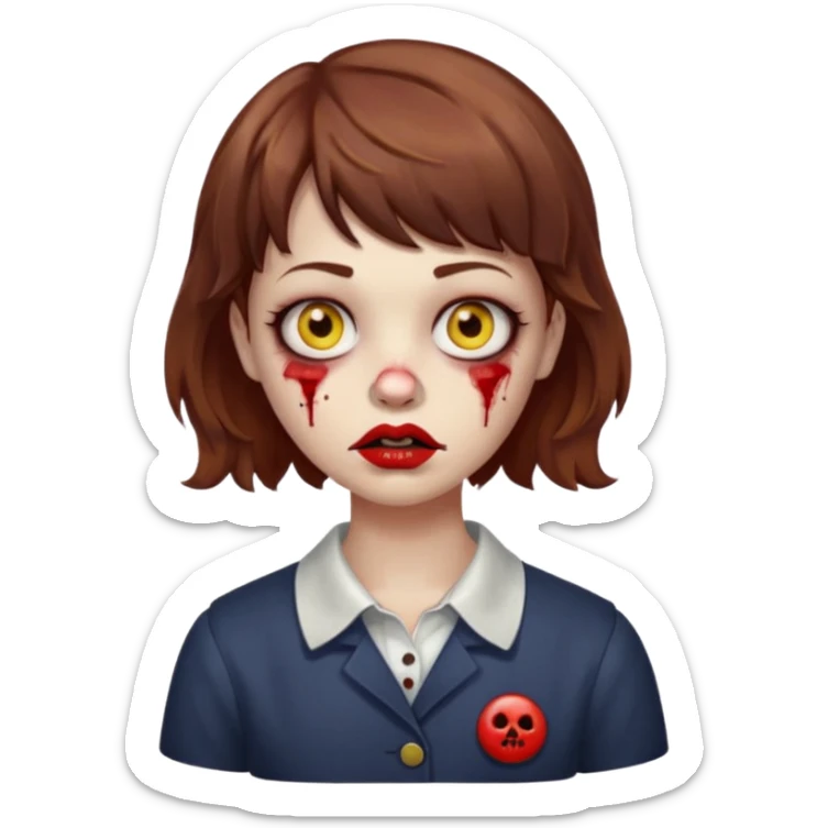 FAÇA UMA PERSONAGEM FOFA COM NARIZ DE BOLINHA AVERMELHADO CLARO E ZUMBI CABELO MARRON ONDULADO E FRANJA CURTA   COMO SE NÃO SOUBESSE OQ FEZ LÁBIOS CLAROS FECHADOS E OLHOS AMARELOS sticker
