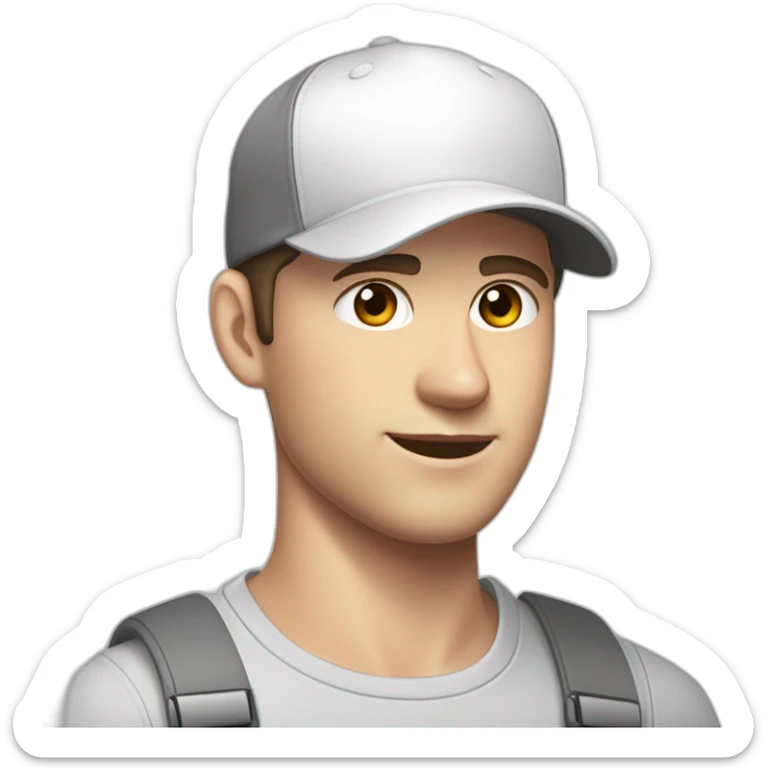 Pale skinned fit Man with dark brown hair in a white cap, gray jeans and gray polo T-shirt keeping a pasted with tape white box into his hands sticker