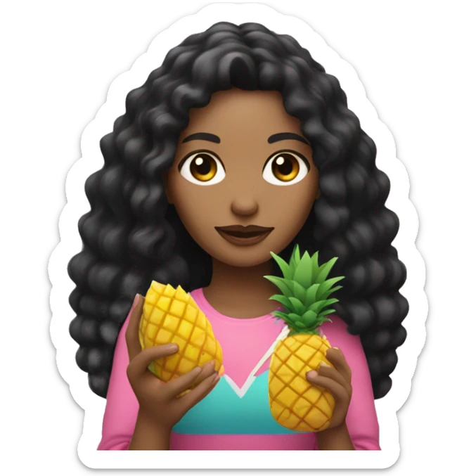 woman with light skin white long black curly hair wearing pink holding a pineapple in hands sticker