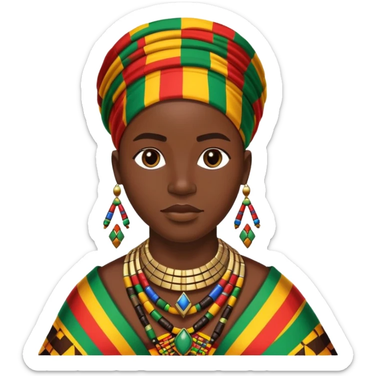 African person wearing traditional colorful Kente cloth and beaded jewelry sticker