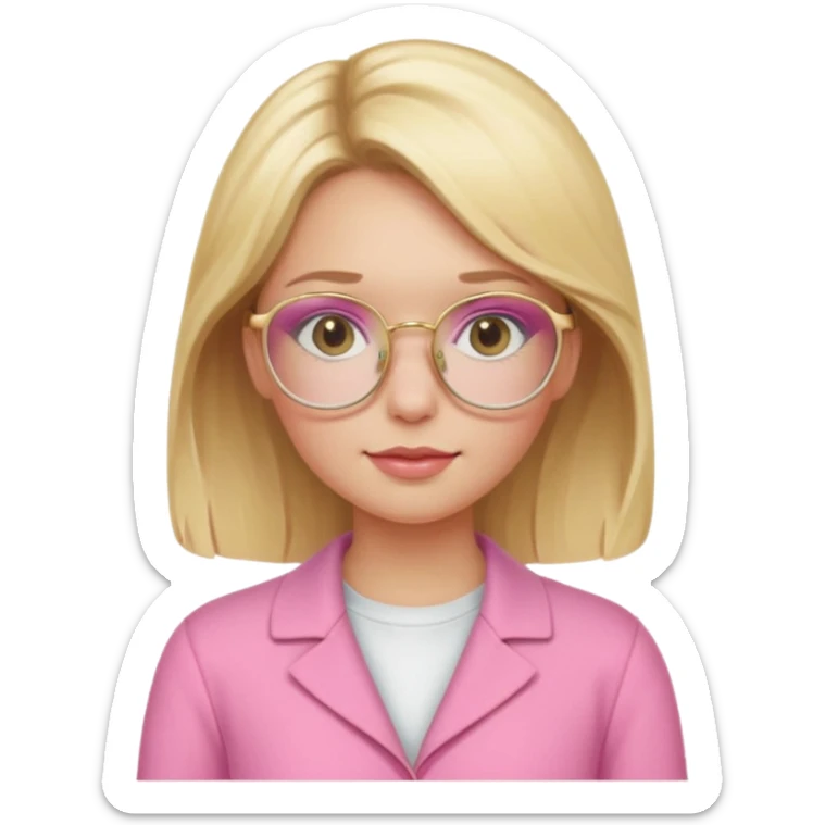 Make a blonde girl, with flushed cheeks, wearing a pink outfit, with golden-style prescription glasses sticker