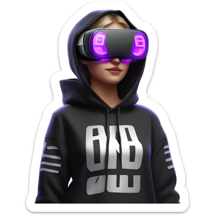 Russian girl wearing black hoody with violet letters "OMG", in vr headset oculus quest2. Standing like jedi. Cyberpunk style. Violet neon. sticker