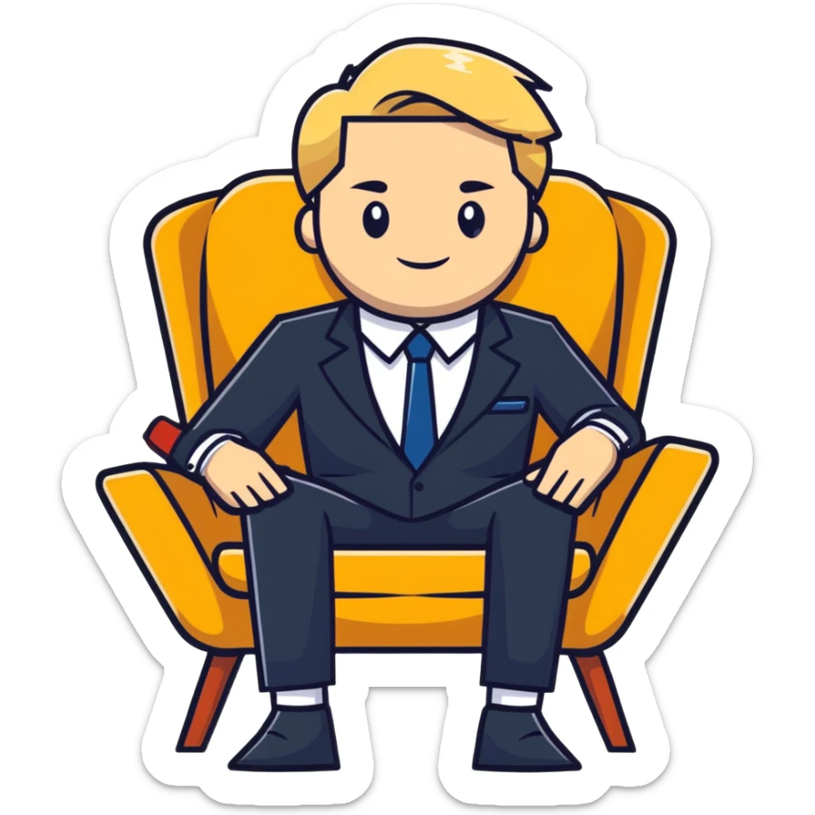 blonde business man in suit relaxing in chair at beach resort, vacation vibes sticker