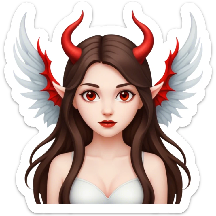 beautiful pale brunette girl with long hair with devil horns and wings sticker