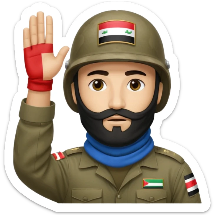 surrenders, depicts an Iraqi soldier from 1980, with a beard, in a helmet, a helmet with sign flag Iraq, with a balaclava, with sad eyes and both hands raised up sticker