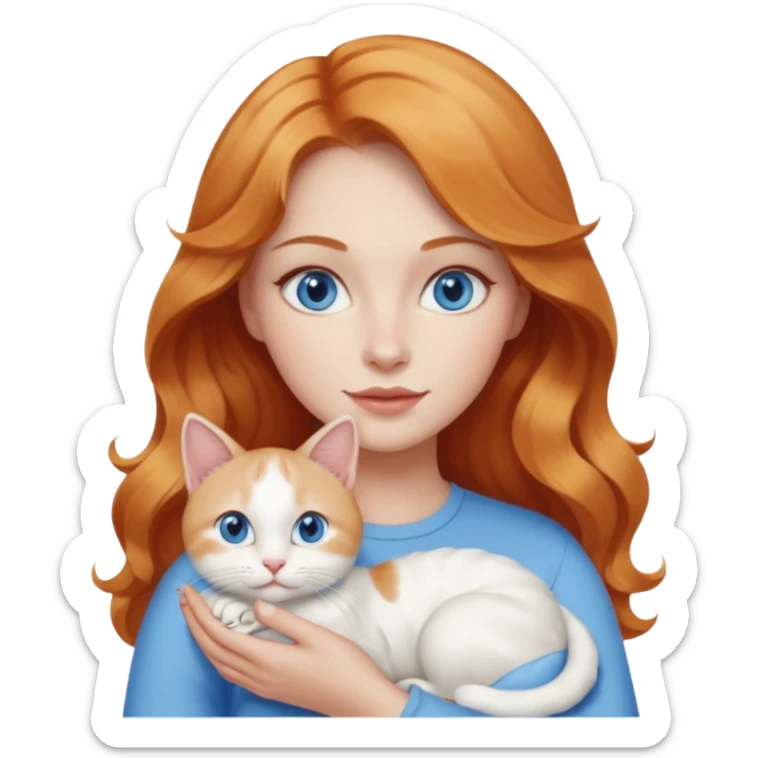 Long wavy strawberry blonde blue eyes woman with a white cat with blue eyes sticker