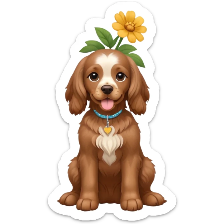 Full body shot of a brown cocker spaniel sitting happily with a flower on his head sticker