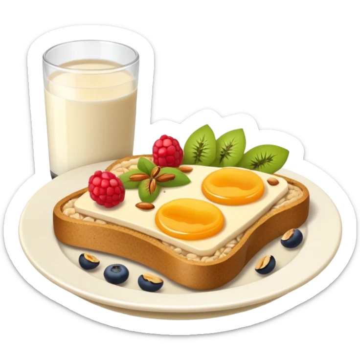Vegetarian breakfast emoji illustration, flat iOS emoji style, toast, fruits, oatmeal, nuts, milk, no eggs, no meat, no fish, no non-vegetarian food, clean white background.” sticker