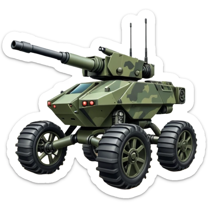 a roomy 4-wheel armored personnel stealth camouflage army massive mech trail vehicle shooting forward side-hill leaning actively articulating independent suspended pod gimbal enemy mech off-road racing rover with large fast engine RC basher  sticker