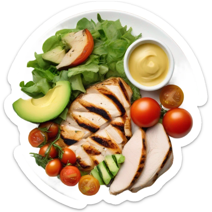Look up on a large white round plate of healthy food sticker