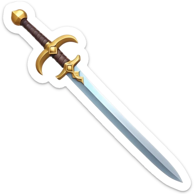 Clash of Clans aesthetic: Cinematic Playful Sword Emoji, rendered in a 3D vector-style similar to standard emojis with minimal shading and bold, simplified shapes. A compact, isometric blade with a gleaming, intricately designed hilt and a razor-sharp edge, softly glowing with a heroic, battle-ready charm. Simplified yet unmistakably iconic, highly detailed and consistent, glowing with a soft radiant brilliance and high shine. Stylized with a touch of medieval finesse and a soft glowing outline, capturing the essence of a legendary sword with a friendly, playful vibe! sticker