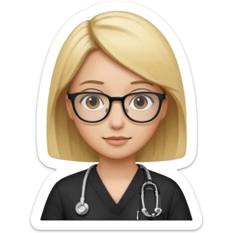 A girl in black scrubs with a blonde bob and glasses no stethoscope  sticker