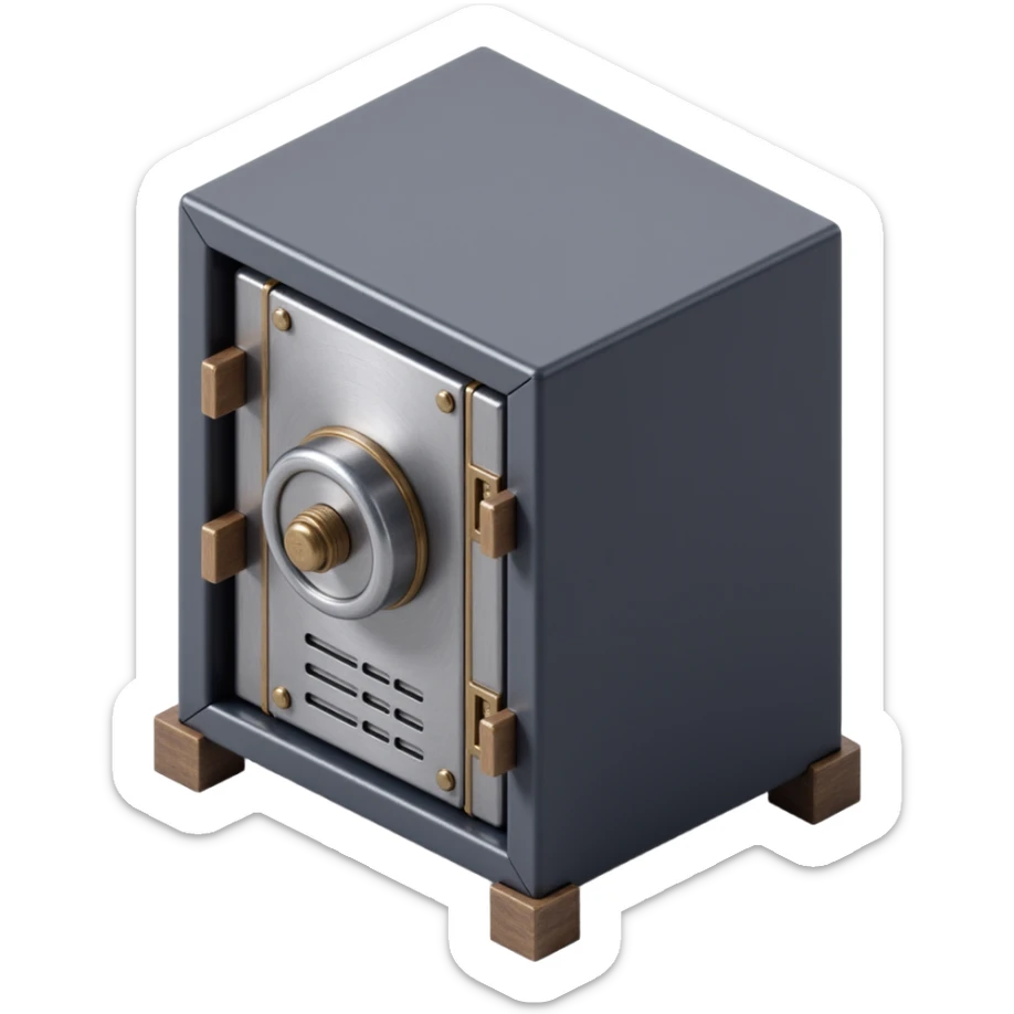 a secure vault, front view, skeuomorphism style, brushed metal, realistic highlights, tactile details sticker