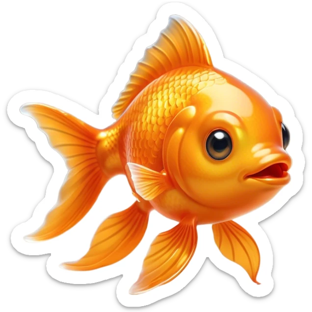 Cinematic Cute Orange Goldfish Portrait Emoji, Head tilted playfully and inquisitively, featuring a glossy, vibrant orange body with delicate, flowing fins, round, sparkling golden eyes filled with curiosity, Simplified yet irresistibly adorable features, highly detailed, glowing with a warm, friendly glow, high shine, affectionate and lively, stylized with a touch of whimsy, bright and endearing, soft glowing outline, capturing the essence of a mischievous yet loving goldfish, so playful it feels like it could swim out of the screen and into your heart! sticker