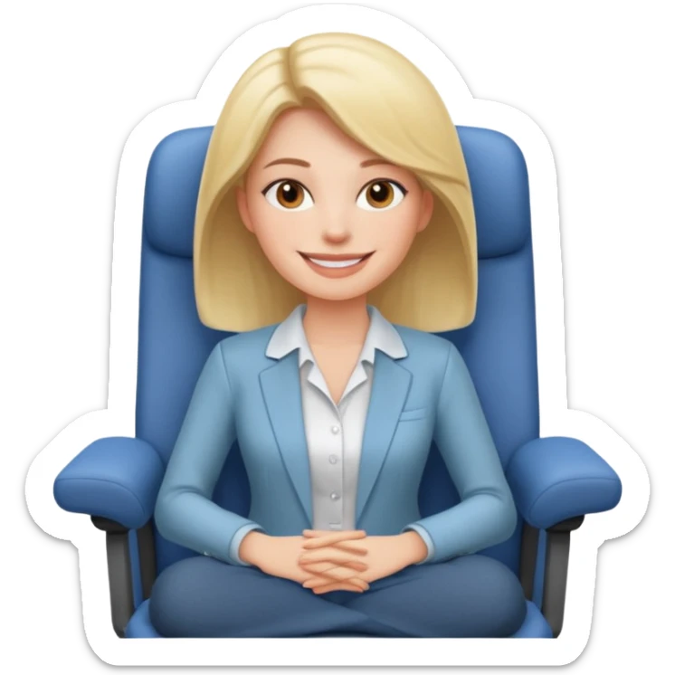Cartoon face woman smiling and relaxing and aligned in a chair in office sticker