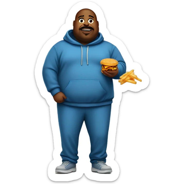 fat man in dirty blue sweatsuit with chili cheese fries in his mouth sticker