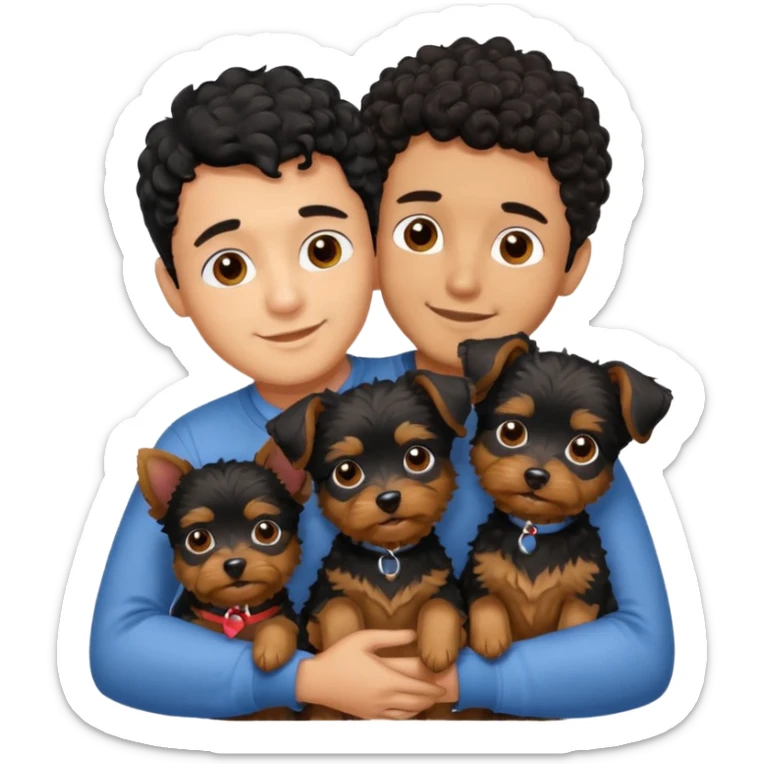 Young man with little brown skin, black curly hair, cheerful dark brown eyes, hugging two yorkie terrier  sticker