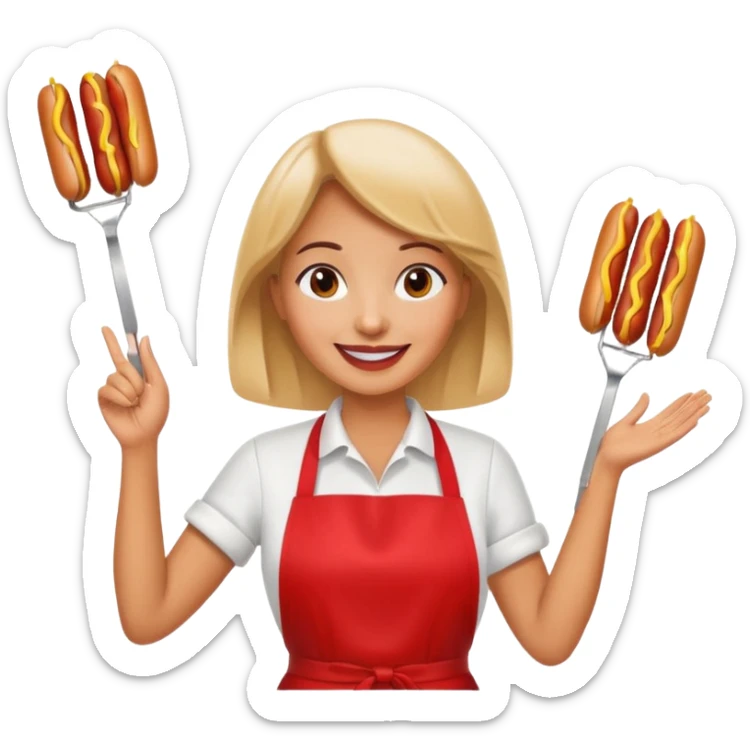 A cheerful woman selling hotdogs, waving a tongs in one hand. sticker