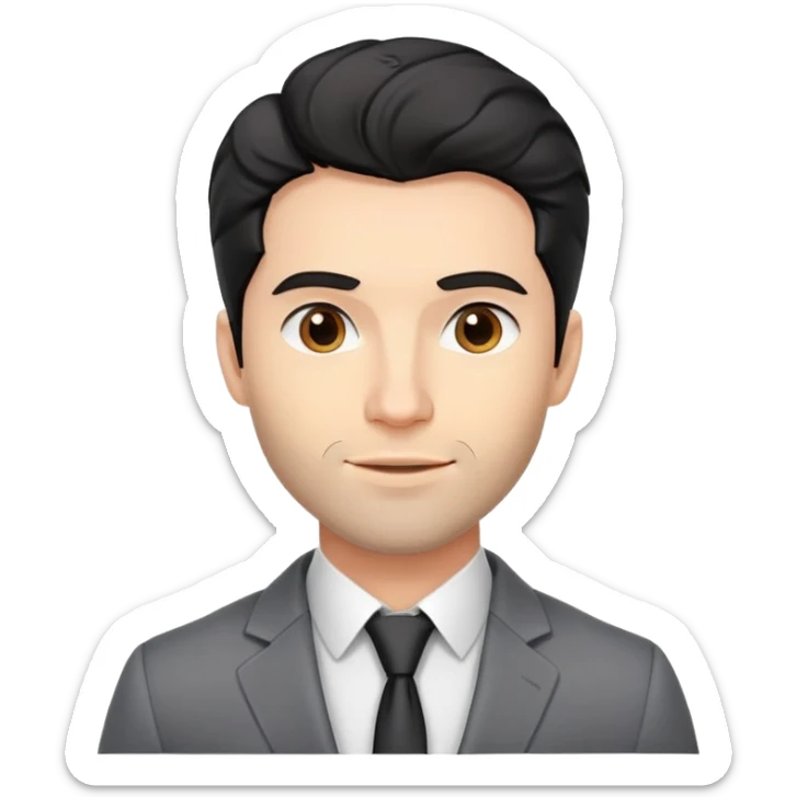 Headshot portrait of a professional 35-year-old man with black wavy hair, stubble, strong jawline, white skin tone, wearing smart casual business attire with blazer, confident and charismatic expression, suitable for a professional speaker profile sticker