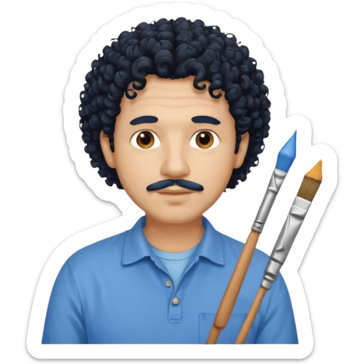 homme 50 ans cheveux frisé noir artiste peintre chemisse bleu sticker