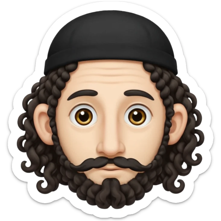 jewish jew man's face, wearing a tiny black kippah and 2 curly long hair strands near the ears, big nose, only face, no body, no mustache sticker