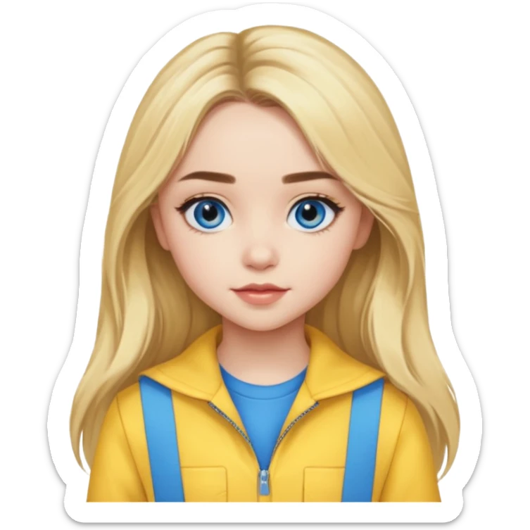Sabrina Carpenter blue eyes, long blonde hair, yellow outfit sticker