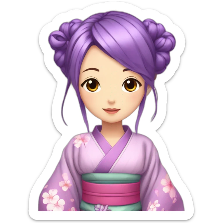 girl long purple and pink hair anime kimono and butterfly in head sticker