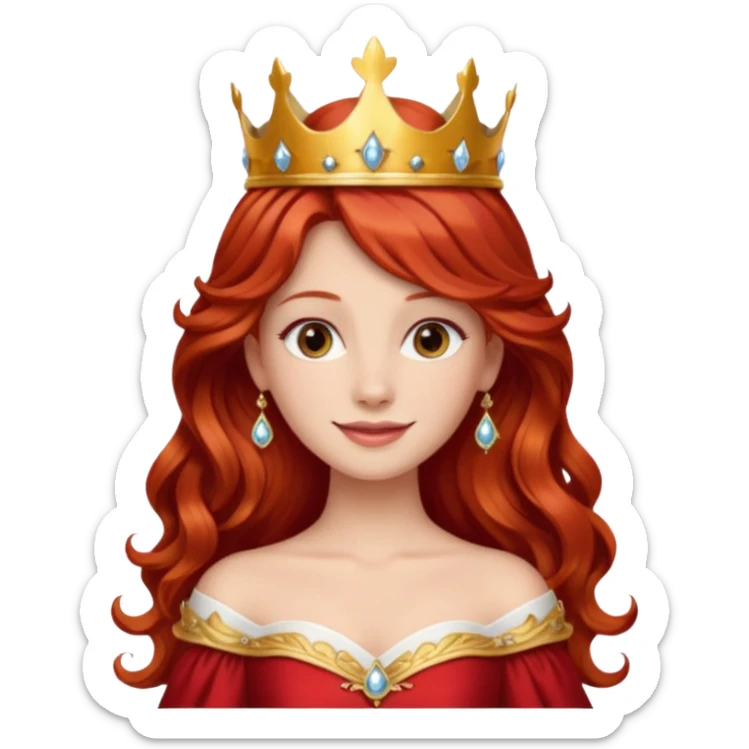 Red Haired Princess, Elegant Princess – long wavy red hair, gold crown, red-white gown, calm smile. sticker
