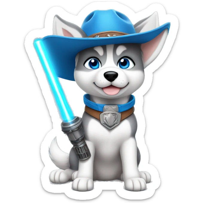 Gray Siberian Husky with blue eyes puppy wearing a cowboy hat dressed in Jedi clothing Holding a Lightsaber with the Paw sticker