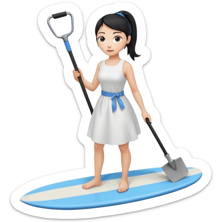 Princess who wearing white dress (woman) black ponytail hair holding her cellphone and  one garden iron shovel with another hand. there is one blue surfing board under her feet. She is looking at her phone. sticker