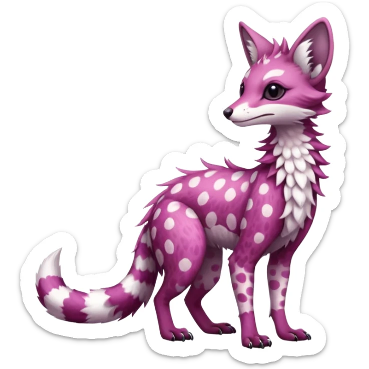 Feral Rare Fantasy   soft magenta fur with pearly-white polka dots and subtle shimmer  Vernid-Sergal-Genet-Trico-species by LiLaiRa, random markings, tufted tail, tufted ears, full body sticker