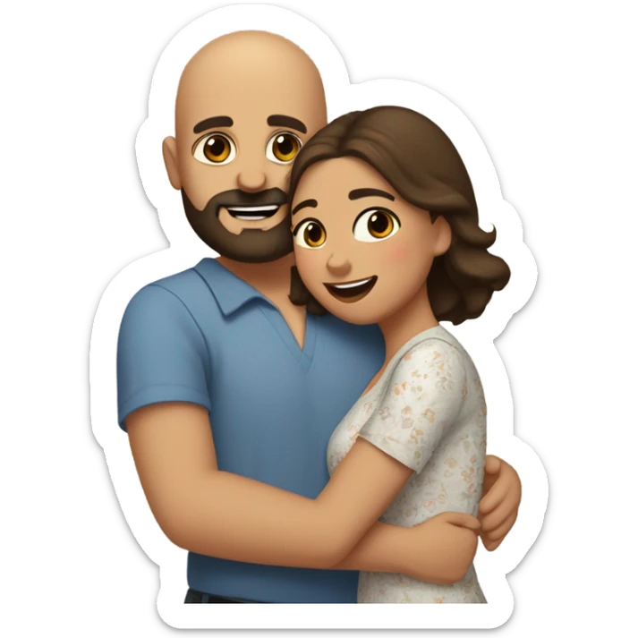Brown-haired Puerto Rican woman with dark brown eyes wearing a cute blouse giving a comforting hug to a short, bald man with brown eyes, laugh lines, and a beard sticker