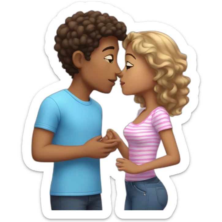 Mixed boy in blue shirt kissing a mixed girl with pink shirt and white stripes sticker