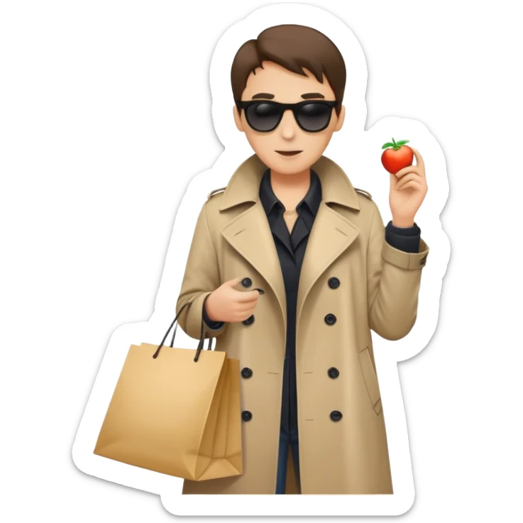 mystery shopper in trench coat, sunglasses, holding a shopping bag sticker