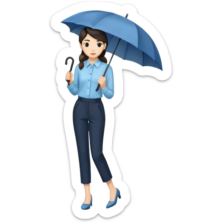female smart light blue blouse, dark trousers, shoes. one hand holding an umbrella sticker