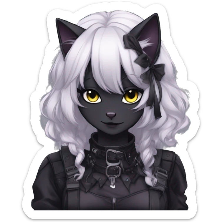 Gorgeous gothic dark techwear anime style anthro black cat furry with blushing face aesthetic and pretty edgy black with collar and harness trending style sticker